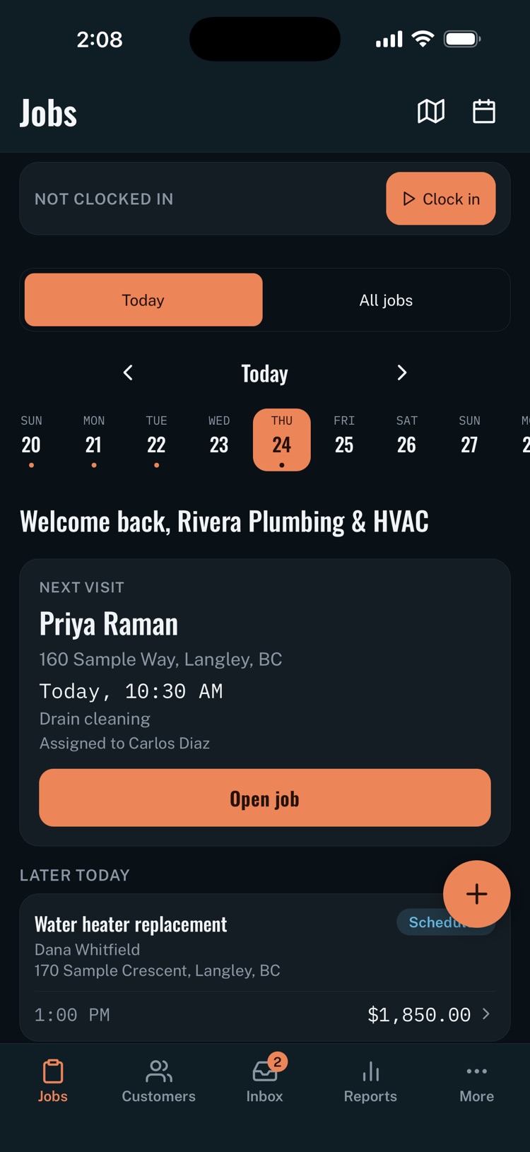 Handro's Jobs screen: the next visit with its address, time and technician, and the rest of today below